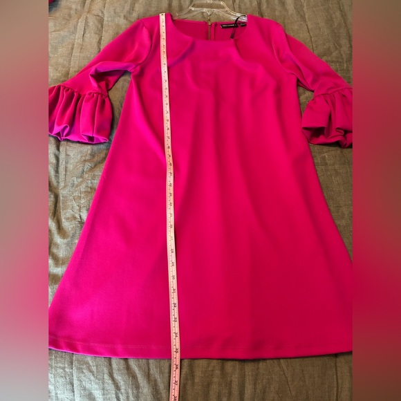Nina Leonard Hot Pink A-Line Dress with Ruffle Bell Sleeves - Picture 4 of 6